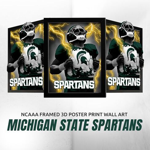 لوحة فنية جدارية مطبوعة بإطار ثلاثي الأبعاد من MSU Spartans | 14 × 18 صورة I Cool ملصقات عدسية من الرابطة الوطنية لرياضة الجامعات (NCAA) | سلع كرة القدم، صور جاهزة للتعليق، أعمال فنية لغرفة الألعاب وهدايا ديكور كهف للرجال للرجال والنساء in Kuwait