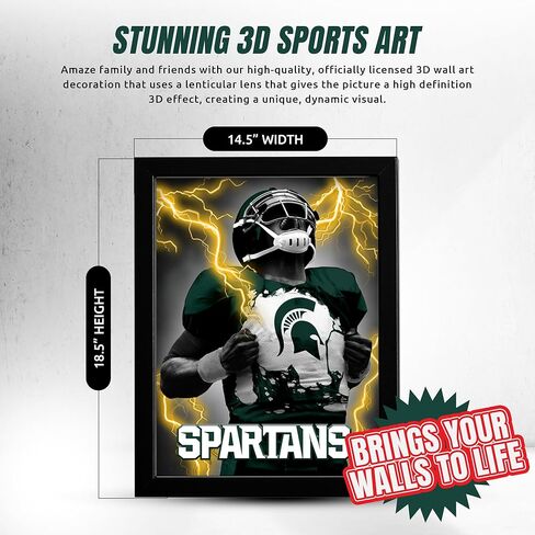 لوحة فنية جدارية مطبوعة بإطار ثلاثي الأبعاد من MSU Spartans | 14 × 18 صورة I Cool ملصقات عدسية من الرابطة الوطنية لرياضة الجامعات (NCAA) | سلع كرة القدم، صور جاهزة للتعليق، أعمال فنية لغرفة الألعاب وهدايا ديكور كهف للرجال للرجال والنساء in Kuwait