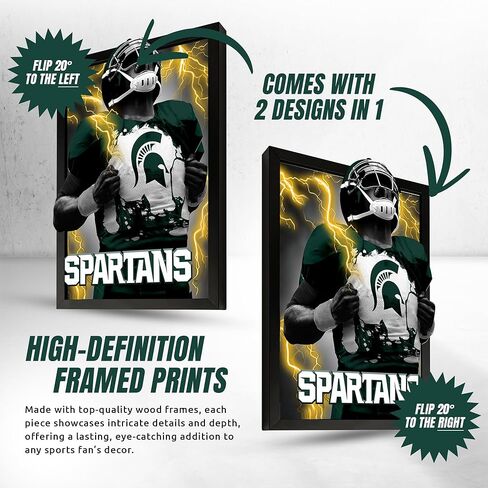 لوحة فنية جدارية مطبوعة بإطار ثلاثي الأبعاد من MSU Spartans | 14 × 18 صورة I Cool ملصقات عدسية من الرابطة الوطنية لرياضة الجامعات (NCAA) | سلع كرة القدم، صور جاهزة للتعليق، أعمال فنية لغرفة الألعاب وهدايا ديكور كهف للرجال للرجال والنساء in Kuwait