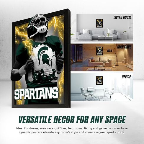 لوحة فنية جدارية مطبوعة بإطار ثلاثي الأبعاد من MSU Spartans | 14 × 18 صورة I Cool ملصقات عدسية من الرابطة الوطنية لرياضة الجامعات (NCAA) | سلع كرة القدم، صور جاهزة للتعليق، أعمال فنية لغرفة الألعاب وهدايا ديكور كهف للرجال للرجال والنساء in Kuwait