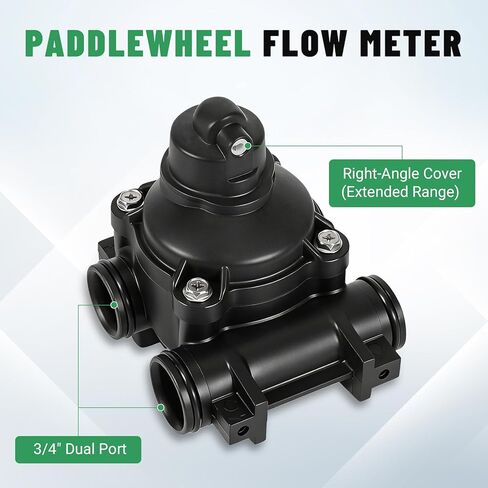 Rendrox 3/4" Dual Ports Paddlewheel Flow Meter Assembly with 15659 Right Angle Cover Compatible with Fleck 2510 5600 Commercial Metered Valves, Extended Range, Black in Saudi Arabia