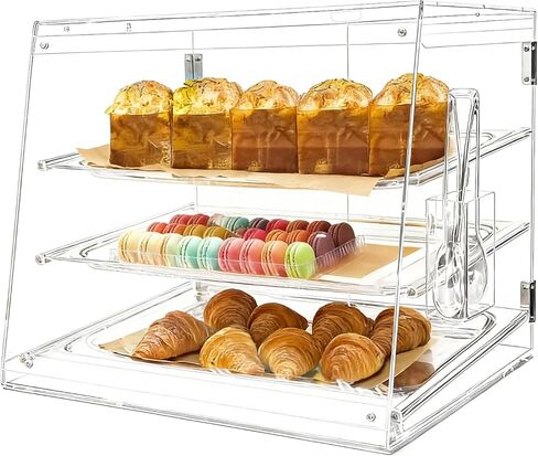 علبة عرض مخبوزات مكونة من 3 صواني بأبواب خلفية، مقاس 20.9 × 17.3 × 16.7 بوصة، وخزانة شفافة توضع على سطح الطاولة للمعجنات والحلويات in Kuwait