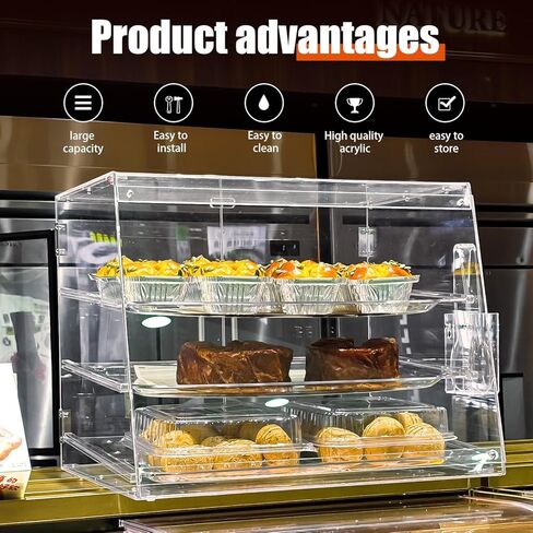 علبة عرض مخبوزات مكونة من 3 صواني بأبواب خلفية، مقاس 20.9 × 17.3 × 16.7 بوصة، وخزانة شفافة توضع على سطح الطاولة للمعجنات والحلويات in Kuwait