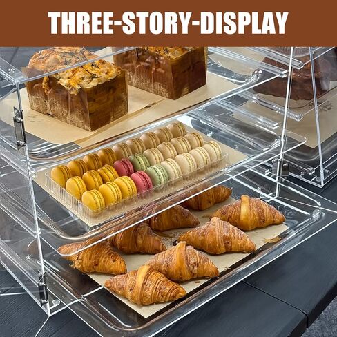 علبة عرض مخبوزات مكونة من 3 صواني بأبواب خلفية، مقاس 20.9 × 17.3 × 16.7 بوصة، وخزانة شفافة توضع على سطح الطاولة للمعجنات والحلويات in Kuwait