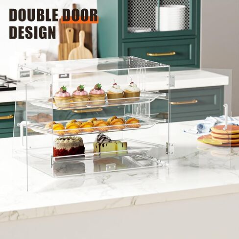 علبة عرض مخبوزات مكونة من 3 صواني بأبواب خلفية، مقاس 20.9 × 17.3 × 16.7 بوصة، وخزانة شفافة توضع على سطح الطاولة للمعجنات والحلويات in Kuwait