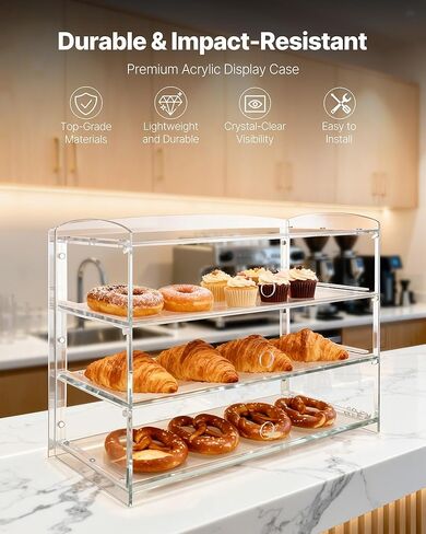 VEVOR Bakery Display Case, 3-Tier Commercial Countertop Pastry Display Case, Clear Acrylic Bread Box for Kitchen, Party Cake Cabinet with Flip-Up Door for Cookie Dessert Donut Bagel, 19" x 9.1" x 15" in Saudi Arabia