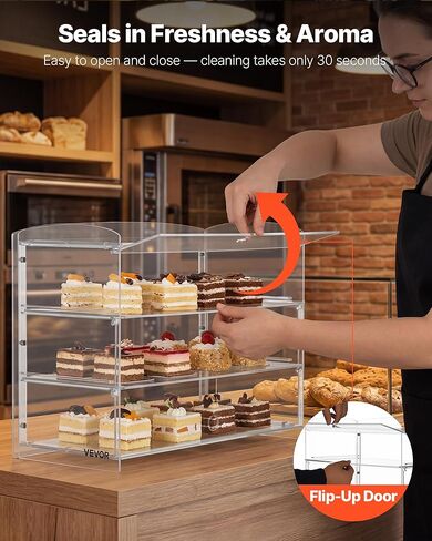 VEVOR Bakery Display Case, 3-Tier Commercial Countertop Pastry Display Case, Clear Acrylic Bread Box for Kitchen, Party Cake Cabinet with Flip-Up Door for Cookie Dessert Donut Bagel, 19" x 9.1" x 15" in Saudi Arabia