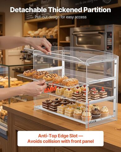 VEVOR Bakery Display Case, 3-Tier Commercial Countertop Pastry Display Case, Clear Acrylic Bread Box for Kitchen, Party Cake Cabinet with Flip-Up Door for Cookie Dessert Donut Bagel, 19" x 9.1" x 15" in Saudi Arabia