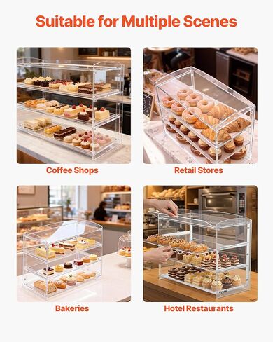 VEVOR Bakery Display Case, 3-Tier Commercial Countertop Pastry Display Case, Clear Acrylic Bread Box for Kitchen, Party Cake Cabinet with Flip-Up Door for Cookie Dessert Donut Bagel, 19" x 9.1" x 15" in Saudi Arabia