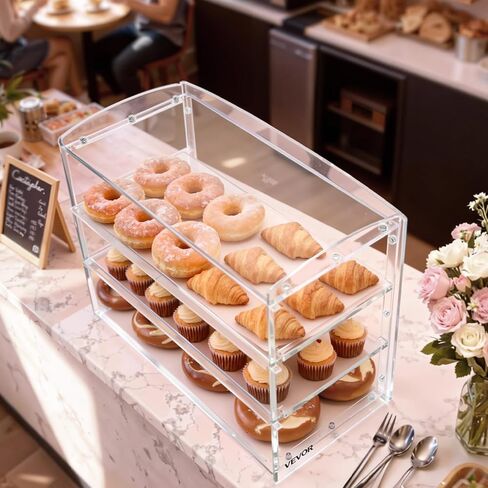 VEVOR Bakery Display Case, 3-Tier Commercial Countertop Pastry Display Case, Clear Acrylic Bread Box for Kitchen, Party Cake Cabinet with Flip-Up Door for Cookie Dessert Donut Bagel, 19" x 9.1" x 15" in Saudi Arabia