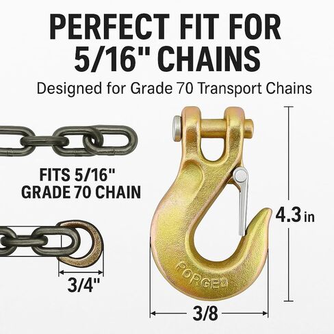 XAOLUFAFAFA 6 عبوات من خطافات سلسلة مقاس 5/16 بوصة، خطاف منزلق Clevis شديد التحمل مع مزلاج أمان، فولاذ مزخرف من الدرجة 70 بوزن 14,000 رطل لخطاف سحب ونش سحب شاحنة مقطورة. in Saudi Arabia