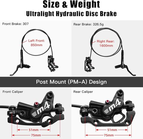 مجموعة فرامل هيدروليكية ZTZ 4-Piston MTB، طقم فرامل قرص هيدروليكي أمامي يسار 850 مم وخلفي يمين 1600 مم مع محول PM/is، يناسب الدراجة الإلكترونية والدراجات الجبلية وBMX in Kuwait