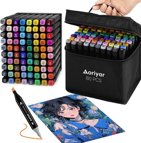 علامات الكحول TIP ART - 80 ألوان علامة مزدوجة على الوجه الكحول مجموعة مع نصيحة الفرشاة ونصيحة إزميل للأطفال ، والبالغين ، والفنان المحترف المثالي للتلوين ، والرسم ، ومشاريع الرسم المدرسي in Kuwait