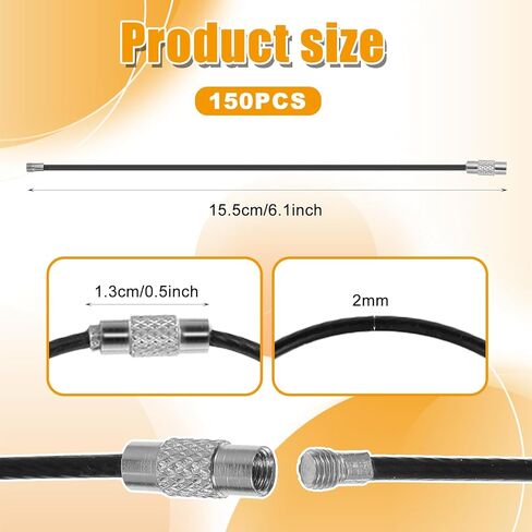 150pcs Black Steel Wire Keychains Cable – 2mm Thick, 6" Heavy Duty Luggage Tags & Key Rings with PVC Coating in Saudi Arabia