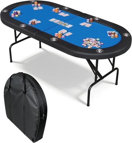 طاولة بوكر بيضاوية 8 لاعبين قابلة للطي من Garvee، طاولات ألعاب بوكر مقاس 72 بوصة مع حقيبة تخزين، وأرجل قابلة للطي، وقضبان مبطنة وحاملات أكواب، طاولة ألعاب محمولة قابلة للطي لتكساس هولدم وبلاك جاك، أزرق in Kuwait