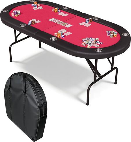 Garvee 8 Player Oval Poker Table Foldable, 72" Poker Game Tables with Storage Bag, Collapsible Legs, Padded Rails & Cup Holders, Portable Folding Game Table for Texas Holdem and Blackjack, Blue in Saudi Arabia