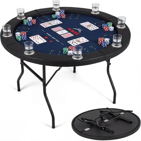 طاولة بوكر Goplus مقاس 48 بوصة قابلة للطي، طاولة ألعاب مستديرة لـ 8 لاعبين في كازينو Texas Holdem مع أرجل معدنية، 8 حاملات أكواب، طاولة ألعاب داخلية قابلة للطي للعبة البلاك جاك والنادي، ألعاب عائلية (أزرق) in Saudi Arabia