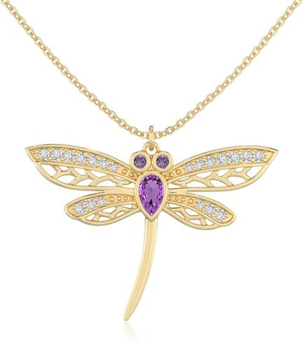 Natural Gemstone with Moissanite Dragonfly Pendant Necklaces for Women in 925 Silver/18K Yellow/Rose Gold Vermeil, Birthstone Jewelry Gifts for Her Birthday, Wedding, Anniversary, Graduation in Saudi Arabia