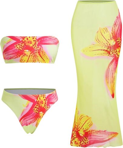 Zaful Womens 3pcs Swimsuit Floral Print Bandeau Bikini وضع قاع مثلث مع تنورة طويلة تغطية تستر in Saudi Arabia