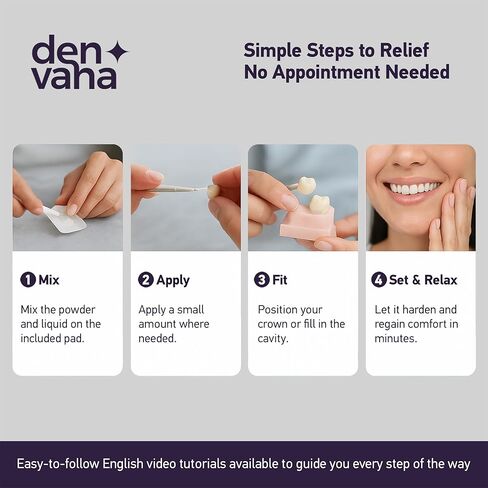 DenVana Dental Cement Kit – Zinc Oxide Eugenol Temporary Filling & Crown Repair | Tooth Repair Kit for Broken or Loose Caps, Bridges & Dentures | Strong Adhesive Glue | Instant Smile Fix | US Brand in Kuwait