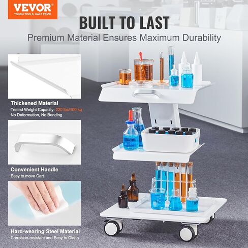 VEVOR Trolley Cart with Swivel Wheels, 3-Layer Mobile Esthetician Cart, Steel Metal Rolling Tray for Lab, Clinic, Beauty and Salon, 220 lbs Weight Capacity in Saudi Arabia