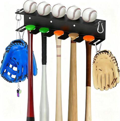 AmoreTempo Wall Mount Baseball Bat Holder 6 Prongs Heavy Duty Metal Bat Storage Rack, Hold 5 Baseball and Softball Bats Sports Equipment Organizer Hanger for Dugout Fence Home Garage, Black in Saudi Arabia