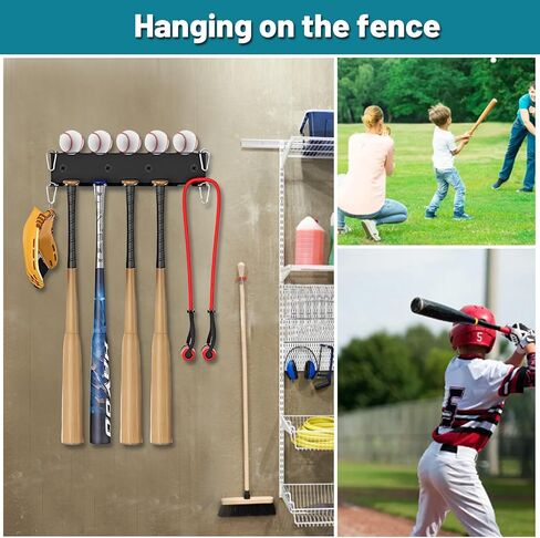 AmoreTempo Wall Mount Baseball Bat Holder 6 Prongs Heavy Duty Metal Bat Storage Rack, Hold 5 Baseball and Softball Bats Sports Equipment Organizer Hanger for Dugout Fence Home Garage, Black in Saudi Arabia