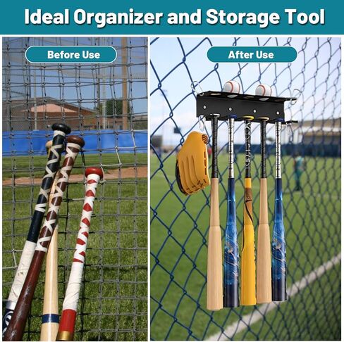 AmoreTempo Wall Mount Baseball Bat Holder 6 Prongs Heavy Duty Metal Bat Storage Rack, Hold 5 Baseball and Softball Bats Sports Equipment Organizer Hanger for Dugout Fence Home Garage, Black in Saudi Arabia
