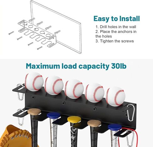 AmoreTempo Wall Mount Baseball Bat Holder 6 Prongs Heavy Duty Metal Bat Storage Rack, Hold 5 Baseball and Softball Bats Sports Equipment Organizer Hanger for Dugout Fence Home Garage, Black in Saudi Arabia