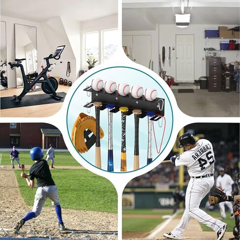 AmoreTempo Wall Mount Baseball Bat Holder 6 Prongs Heavy Duty Metal Bat Storage Rack, Hold 5 Baseball and Softball Bats Sports Equipment Organizer Hanger for Dugout Fence Home Garage, Black in Saudi Arabia