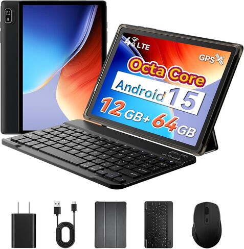 [2-in-1]Android Tablet 10 inch Android 15 Tablet with Keyboard,4G LTE Cellular, IPS Display, MediaTek Octa Core Processor, 12GB+64GB, 2TB Expandable,5G Wi-Fi, GPS, 2 in 1 Tableta with Case, Mouse in Saudi Arabia