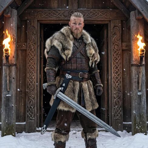 Viking Northman Sword – Real Damascus Steel Battle-Ready Functional Longsword | Handmade Medieval Viking Sword with Leather Scabbard | Gift for Him, Sword Prop & Collectible in Saudi Arabia