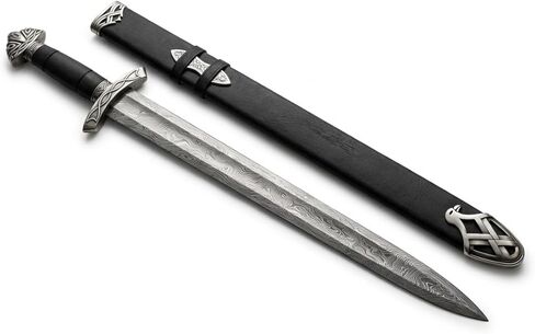 Viking Northman Sword – Real Damascus Steel Battle-Ready Functional Longsword | Handmade Medieval Viking Sword with Leather Scabbard | Gift for Him, Sword Prop & Collectible in Saudi Arabia