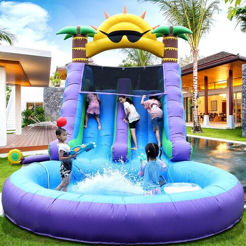 شريحة مياه تجارية للبالغين أطفال (شرائح مزدوجة ومسبح مياه دفقة كبيرة) ، 100 ٪ PVC 26ft (L) شريحة مياه للبالغين قابلة للنفخ مع منفاخ رائع لمتعة الصيف في الهواء الطلق ، حفلة في الفناء الخلفي ، 26x12x14ft in Saudi Arabia
