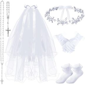 Funtery 6 Pcs First Communion Veils Girls Catholic Set 1st Communion Wreath Veil Headpiece Sock Necklace Bracelet Kid Wedding in Kuwait