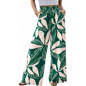 CFLONGE Wide Leg Pants for Women 2025 Casual High Waist Floral Palazzo Pant Flowy Trendy Beach Boho Trousers with Pockets in Kuwait