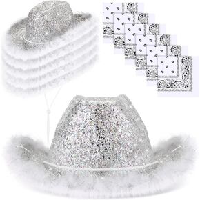 12 Pcs Sparkly Adults Cowboy Hat for Women Men Western Glitter Cowgirl Hats with Adjustable Drawstring Cowboy Party Bandana in Kuwait