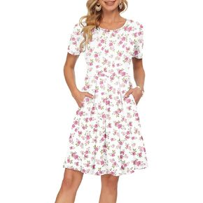 AUSELILY Women's Short Sleeve Summer Dress Pleated Loose Swing Knee Length Dresses with Pockets 2025 New in Kuwait