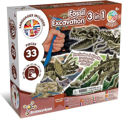 Science4you Dinosaur Fossil Exhavation Kit 4 in 1 - مجموعة الحفر الأحفورية للأطفال ، بناء 4 أحافير ديناصور ، 46 قطعة ، مجموعة علم الآثار ، مجموعة الصيد - ألعاب الديناصورات ، ألعاب الأولاد والبنات 6+ in Kuwait