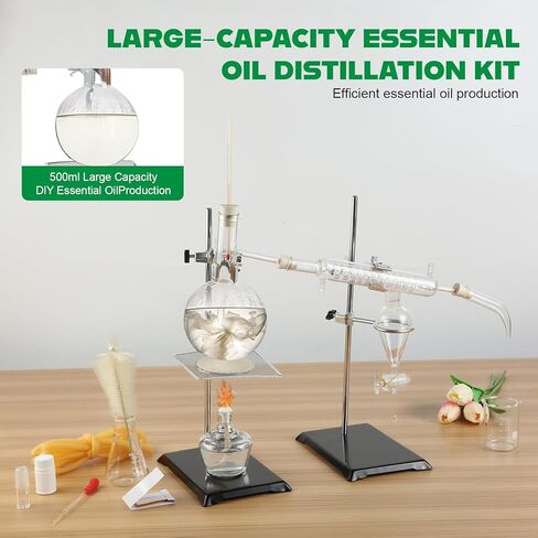 مجموعة تقطير الزيوت العطرية، جهاز تقطير 500 مل، مجموعة تقطير زجاجية 3.3 Boro Lab مع مصباح كحول، ومقياس حرارة، وشبكة سيراميك و24، 40 وصلة، مجموعة 28 قطعة in Kuwait