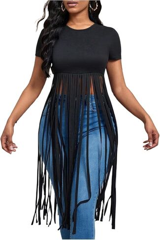 SOLY HUX Women's Short Sleeve Fringe Tops Crew Neck Slim Fit Tee Going Out Summer T Shirt in Saudi Arabia
