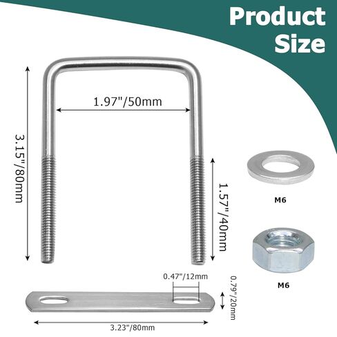 Jiozermi 6 Pack Square U-Bolts, 2" (50mm) Inner Width 3.15" (80mm) Length Stainless Steel Square Bolts Clamp with Nut Plate Washer for Automobiles Boat Trailer Industrial Parts in Saudi Arabia