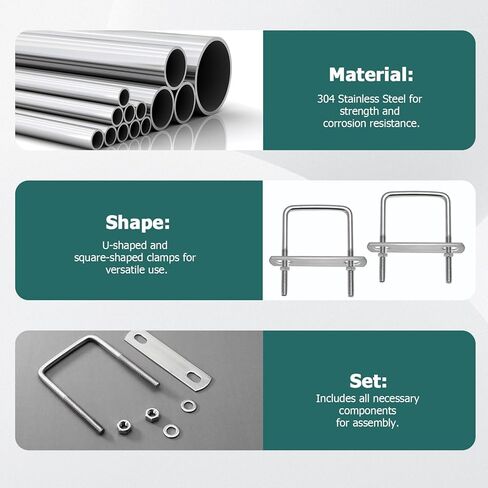 Jiozermi 6 Pack Square U-Bolts, 2" (50mm) Inner Width 3.15" (80mm) Length Stainless Steel Square Bolts Clamp with Nut Plate Washer for Automobiles Boat Trailer Industrial Parts in Saudi Arabia