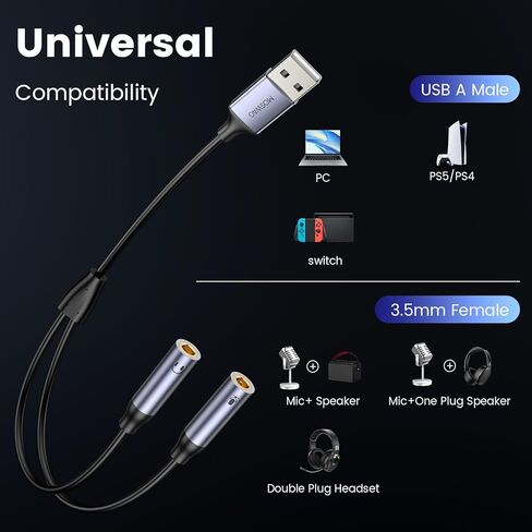 محول صوت MOSWAG USB ، بطاقات صوت خارجية سبيليتر ، سماعة رأس 3.5 مم ومقبس TRS Microphone إلى USB متوافق مع Windows ، أجهزة الكمبيوتر المحمولة ، أجهزة سطح المكتب Windows ، Mac ، Linux ، PS5 ، PS4 in Saudi Arabia