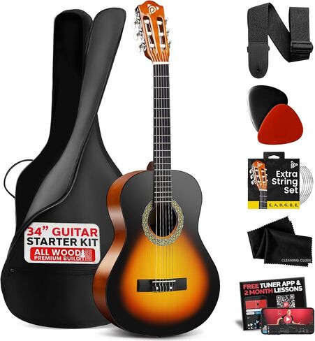 Pyle Beginner Acoustic Guitar Kit, 1/2 Junior Size All Wood Instrument with Full Accessory Kit, Picks, Shoulder Strap, Carry Case, Cleaning Cloth, Tuner App, 2 Month Lessons, 34" in Saudi Arabia
