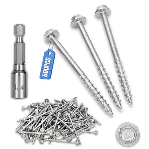 Upgrade #9 x 1-1/2" Joist Hanger Screws-500 Qty,SD9112R500 SD Connector Screws,1/4" Hex Socket Wood Screw,0.370"-Dia Deck Screw, Replace 10D Nails,Prem-Galvanized 1500 Hours Salt Spray Test in Kuwait