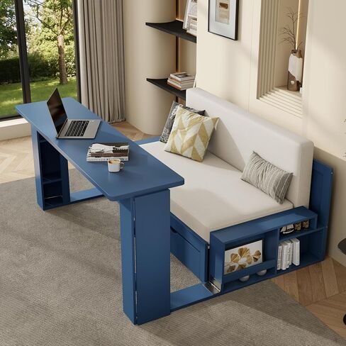 NCKMYB 4-in-1 Multifunctional Daybed with Removable Desk, Storage Drawers & Hydraulic Side Table, Sofa Bed for Small Spaces, Apartment & Home Office (Blue, Full Size) in Saudi Arabia
