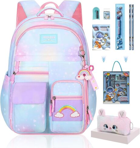 Kawaii Rainbow Backpack for Girls – Cute Starry School Bags for Kids & Teens with Plush Pen Case & 6-Piece Study Supplies Set, Children's Bookbag for Elementary – Pink 17inch in Saudi Arabia