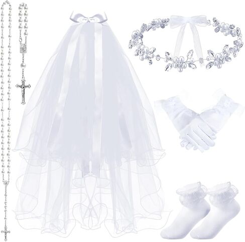 Funtery 6 Pcs First Communion Veils Girls Catholic Set 1st Communion Wreath Veil Headpiece Sock Necklace Bracelet Kid Wedding in Kuwait