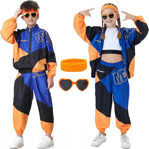 80s Outfit for Kids, Retro 90s Tracksuit Boys Girls Hip Hop Dance Clothes Unisex Patchwork Jacket Pants Sportswear in Kuwait